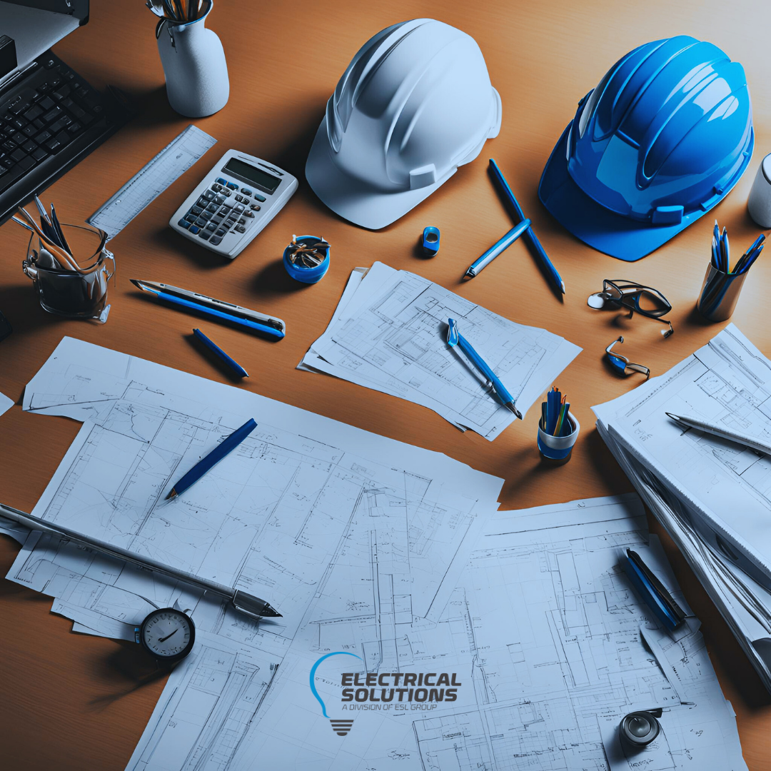 project managers desk with blueprints for commercial construction project